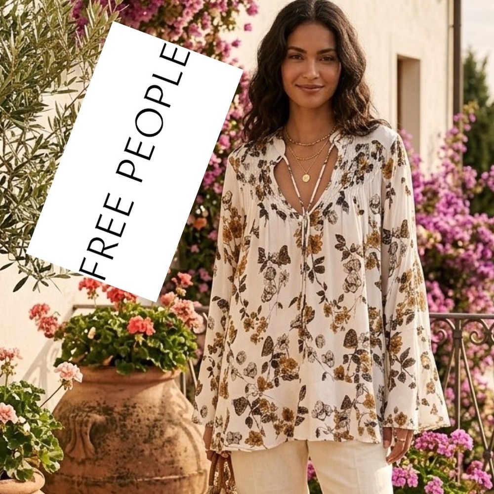 Free People Butterfly Floral Smocked Tunic Blouse Cream Brown Bell Sleeve Small